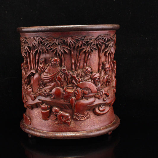 Vintage Bamboo Low Relief Sages Meeting Brush Pot