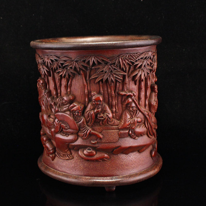 Vintage Bamboo Low Relief Sages Meeting Brush Pot