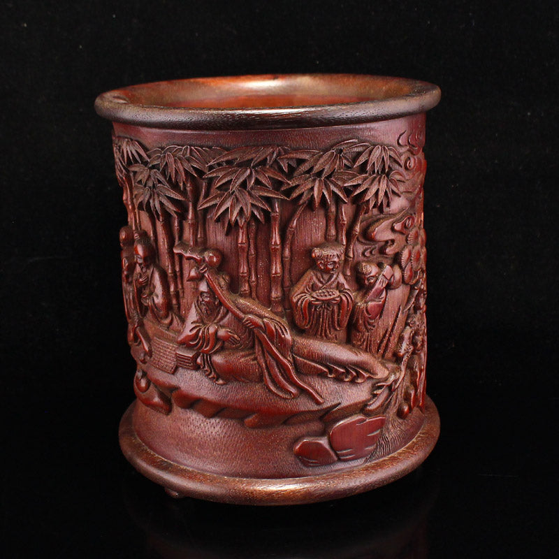 Vintage Bamboo Low Relief Sages Meeting Brush Pot