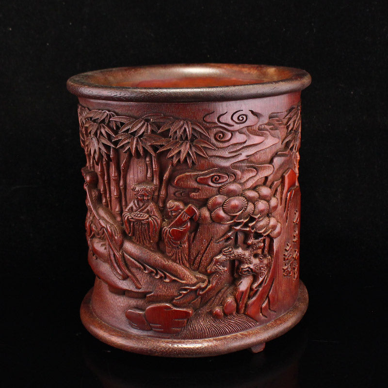 Vintage Bamboo Low Relief Sages Meeting Brush Pot