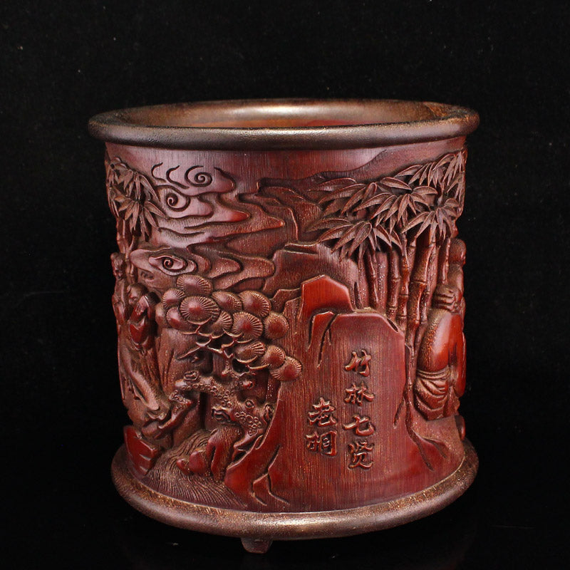 Vintage Bamboo Low Relief Sages Meeting Brush Pot