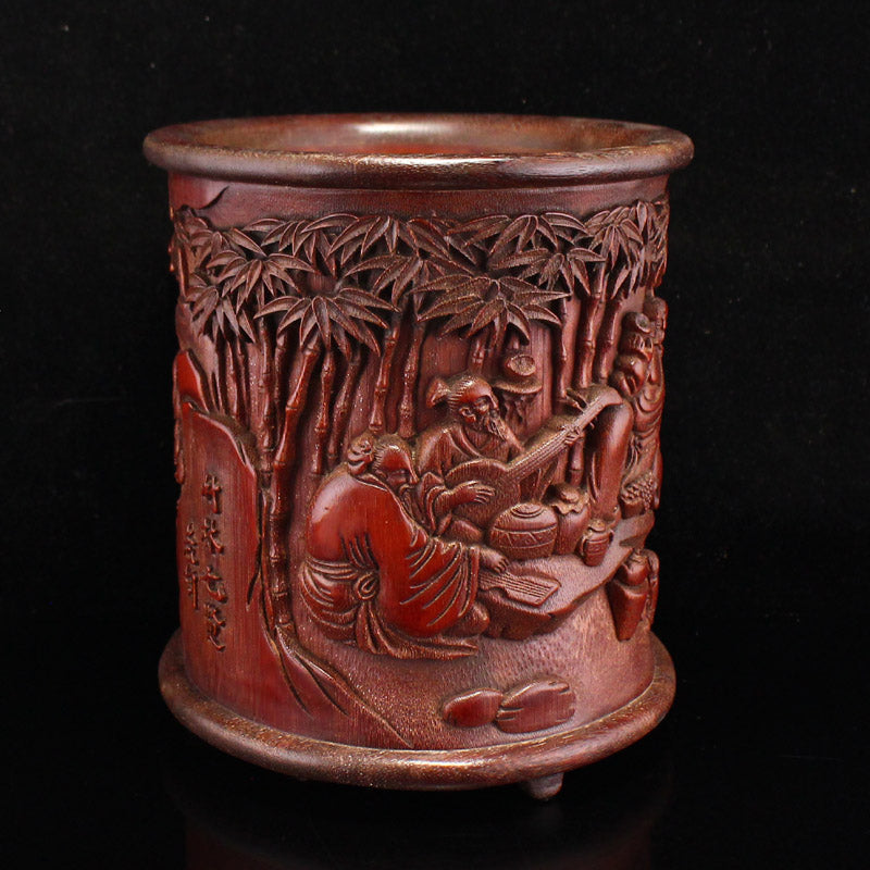 Vintage Bamboo Low Relief Sages Meeting Brush Pot