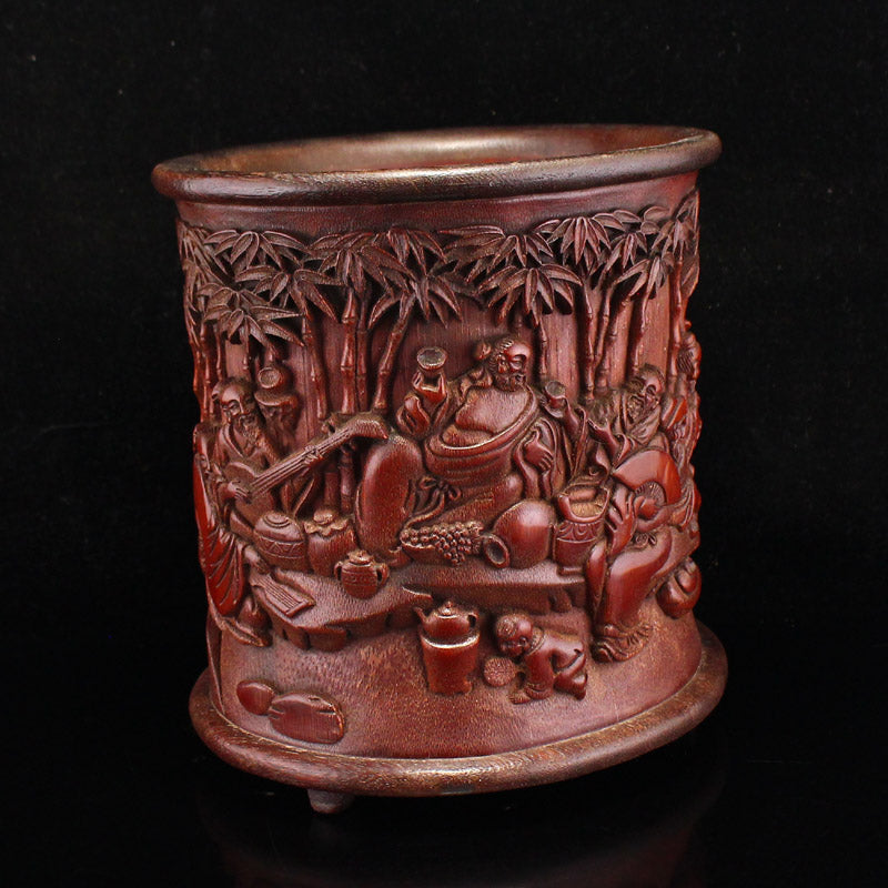 Vintage Bamboo Low Relief Sages Meeting Brush Pot