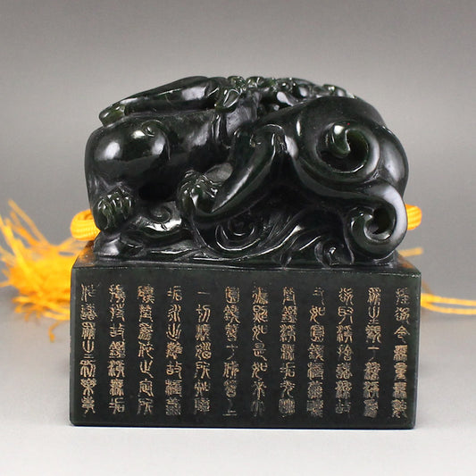 Vintage Green Hetian Jade Carved Chi Dragon & Poetic Prose Seal