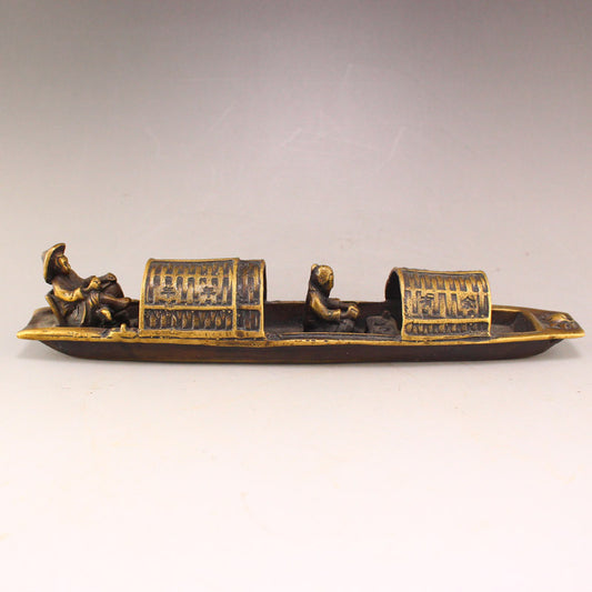 Old Chinese Brass Figure & Boat Statue