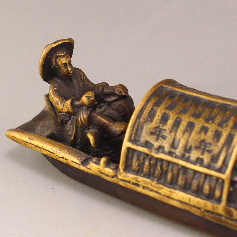 Old Chinese Brass Figure & Boat Statue