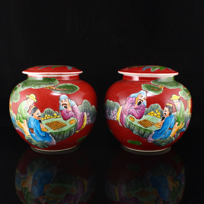 A Pair Red Glaze & Famille Rose Sages Meeting Design Porcelain Weiqi Pot