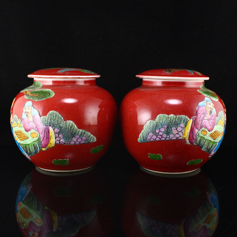 A Pair Red Glaze & Famille Rose Sages Meeting Design Porcelain Weiqi Pot