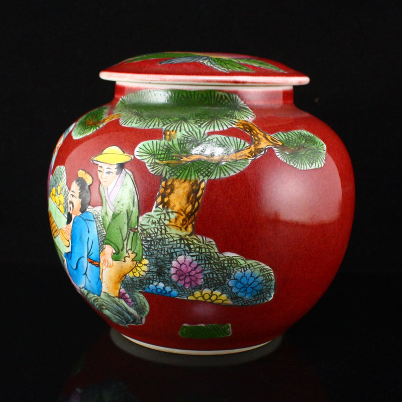 A Pair Red Glaze & Famille Rose Sages Meeting Design Porcelain Weiqi Pot