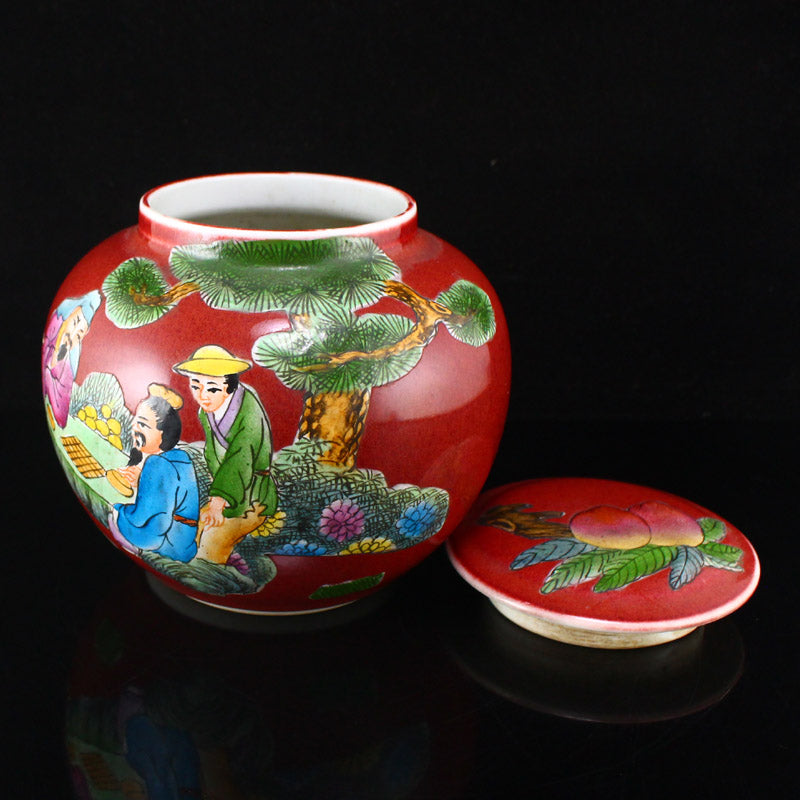 A Pair Red Glaze & Famille Rose Sages Meeting Design Porcelain Weiqi Pot