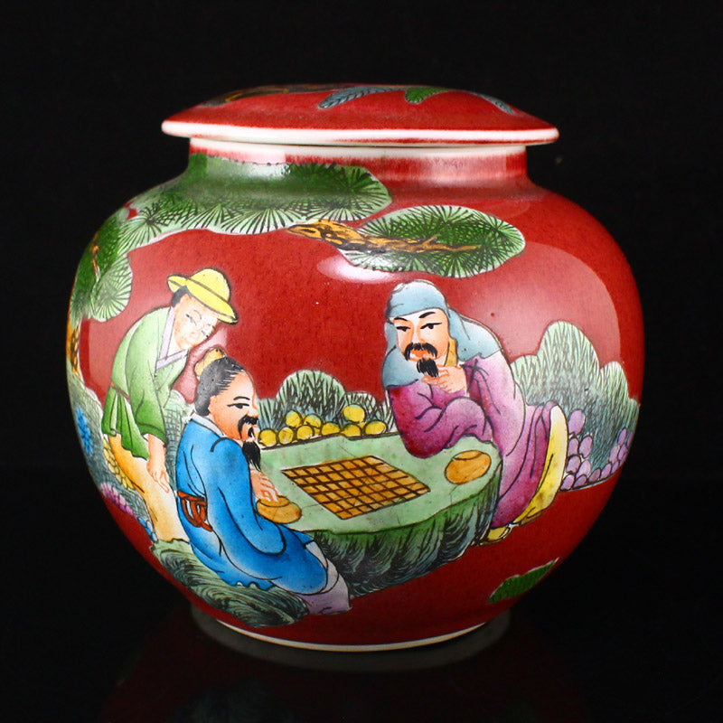 A Pair Red Glaze & Famille Rose Sages Meeting Design Porcelain Weiqi Pot