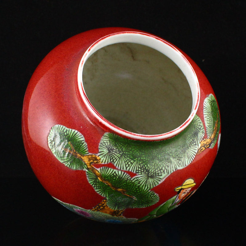 A Pair Red Glaze & Famille Rose Sages Meeting Design Porcelain Weiqi Pot