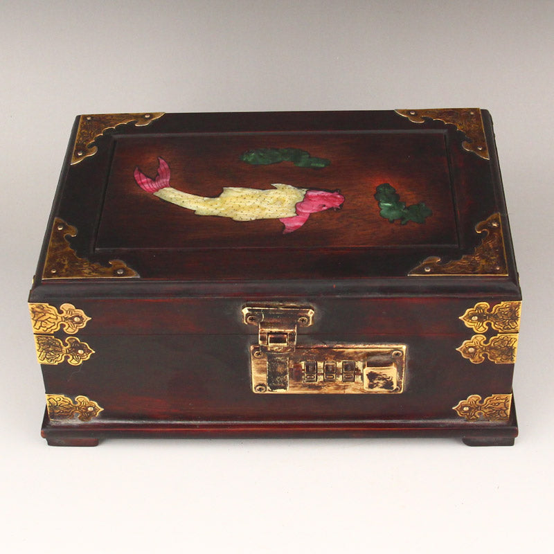 Vintage Chinese Zitan Wood Inlay Shell & Brass Jewellery Box w Mirror