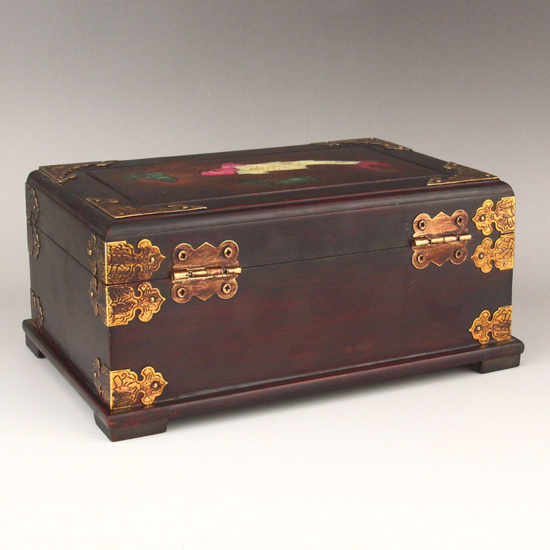 Vintage Chinese Zitan Wood Inlay Shell & Brass Jewellery Box w Mirror