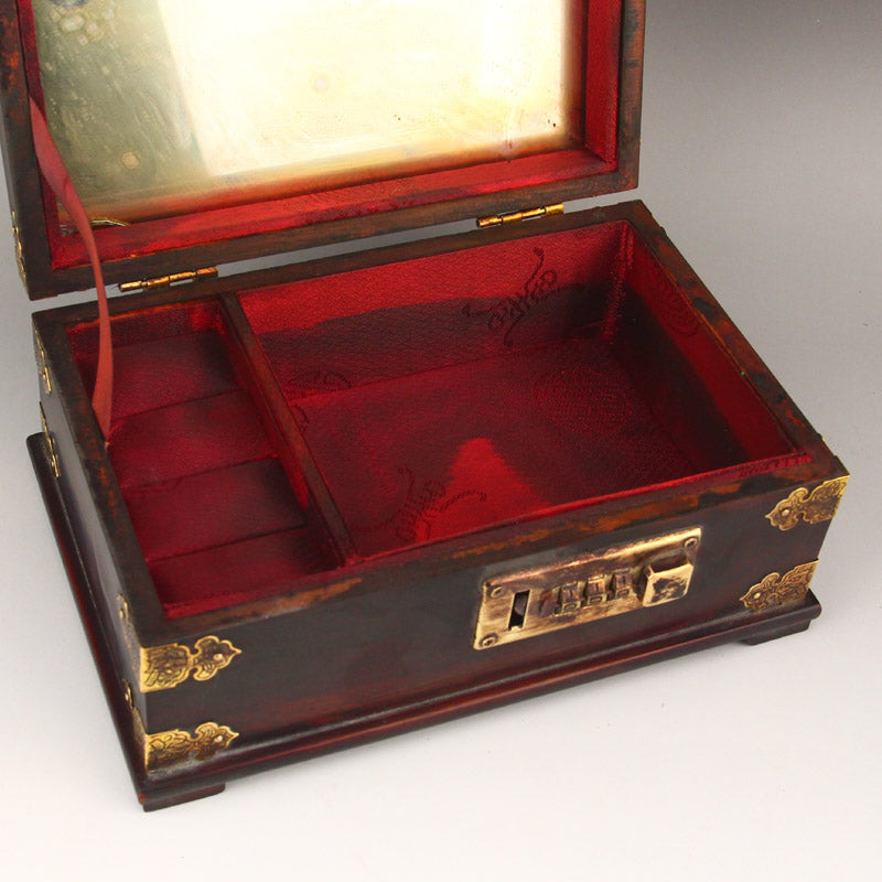 Vintage Chinese Zitan Wood Inlay Shell & Brass Jewellery Box w Mirror