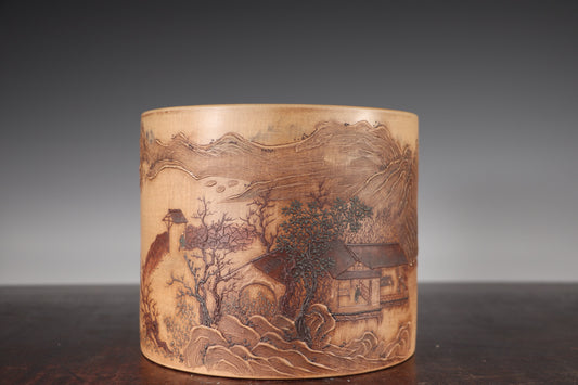 A1766 Antique Chinese Yixing Zisha Low Relief Live In Remote Mountains Design Brush Pot