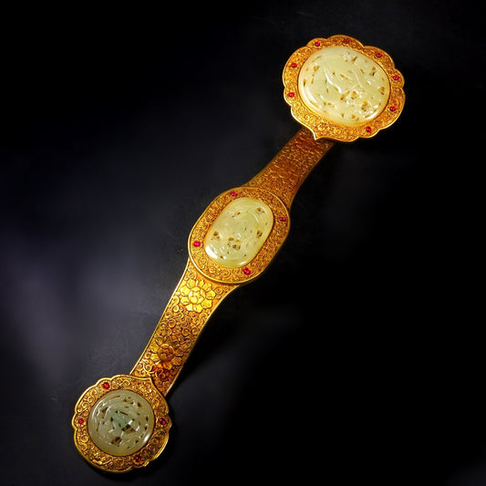 A1771 Chinese Gilt Gold Copper Inlay Hetian Jade & Gems Ruyi Scepter Statue