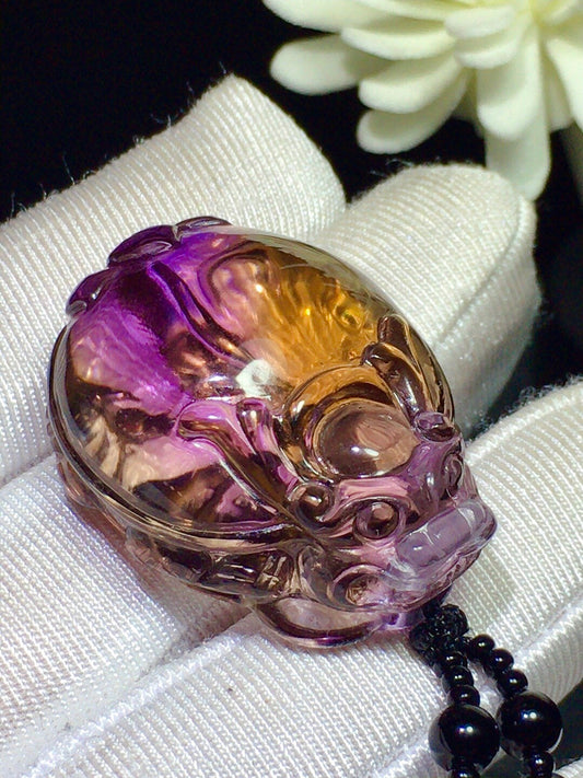 A1772 Beautiful Purple & Yellow Crystal Carved Dragon Turtle Pendant w Beads Necklace