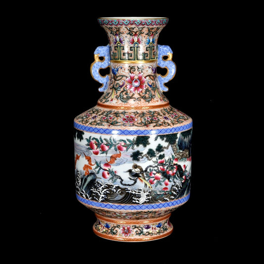 A1774 A1774 Chinese Qing Dynasty Gilt Edge Famille Rose Flowers Bird Design Porcelain Vase