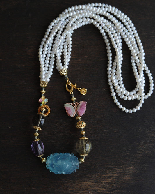 A1779 Exquisite Aquamarine Carved Flower Pendant w Tourmaline Butterfly & Crystal & Pearl Beads Necklace