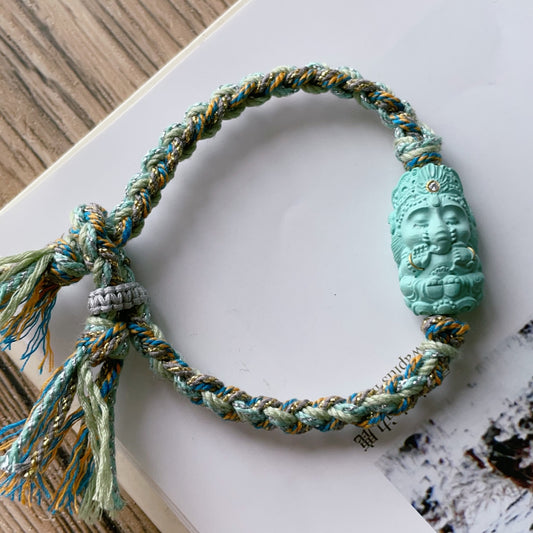 A1783 Exquisite Turquoise Carved Ganesha Buddha Hand Woven Bracelet