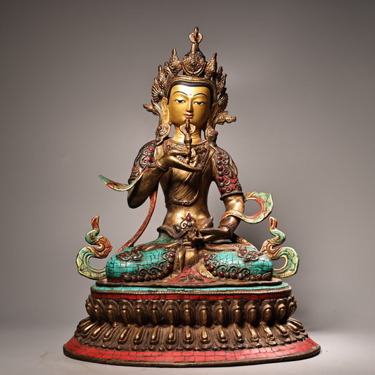 A1787 Tibetan Buddhism Gilt Gold Copper Inlay Turquoise & Gems Vajrapani Statue