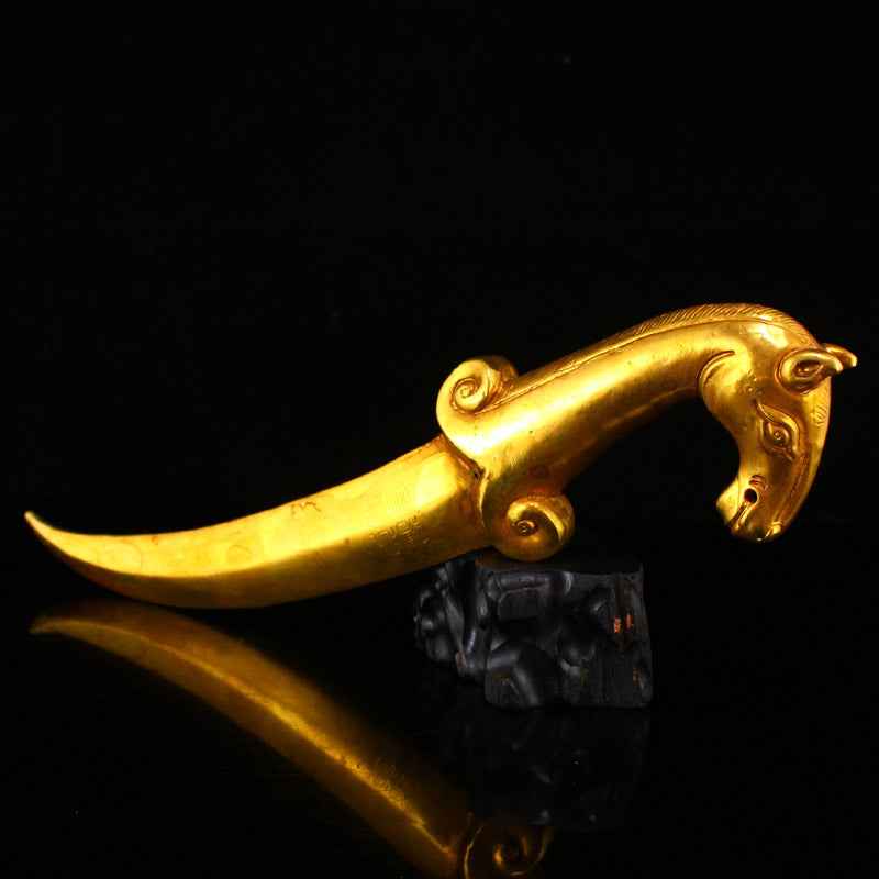 Chinese Gilt Gold Bronze Horse Head Dagger Statue