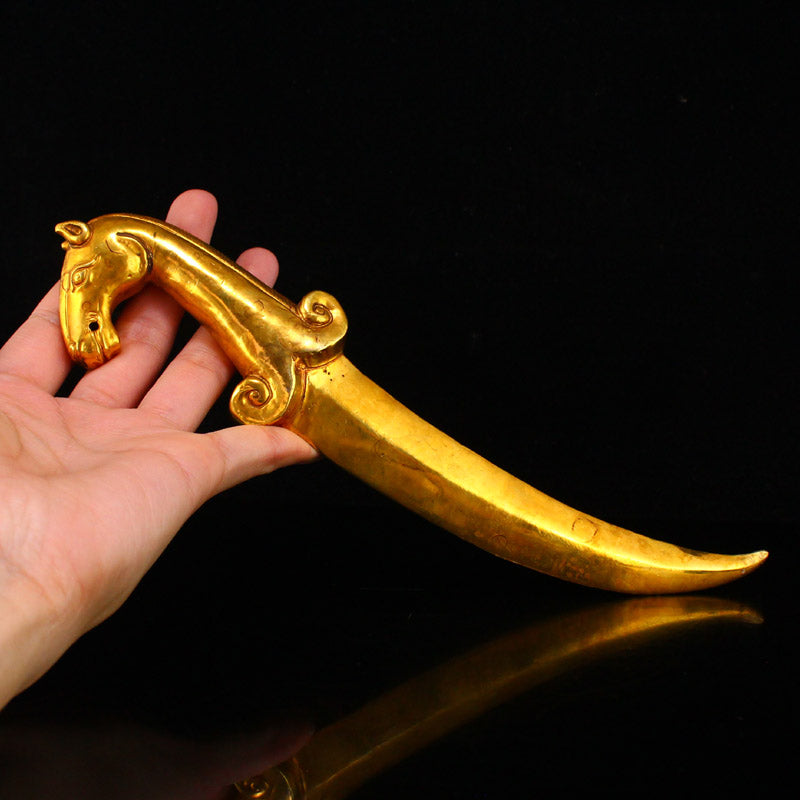 Chinese Gilt Gold Bronze Horse Head Dagger Statue