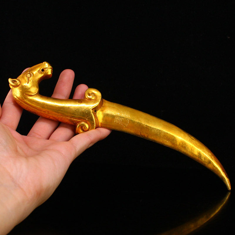 Chinese Gilt Gold Bronze Horse Head Dagger Statue