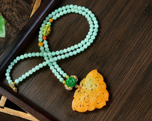 A1795 Exquisite Yellow Jadeite Carved Butterfly Pendant w Beads Necklace