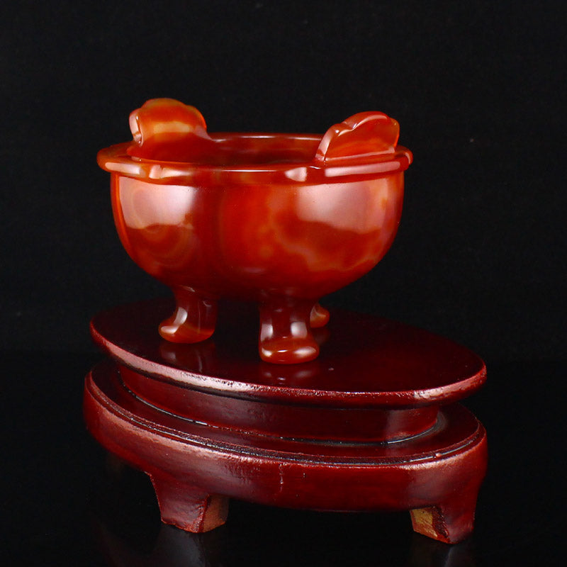 Beautiful Red Agate Double Ears 3 Legs Incense Burner w Certificate