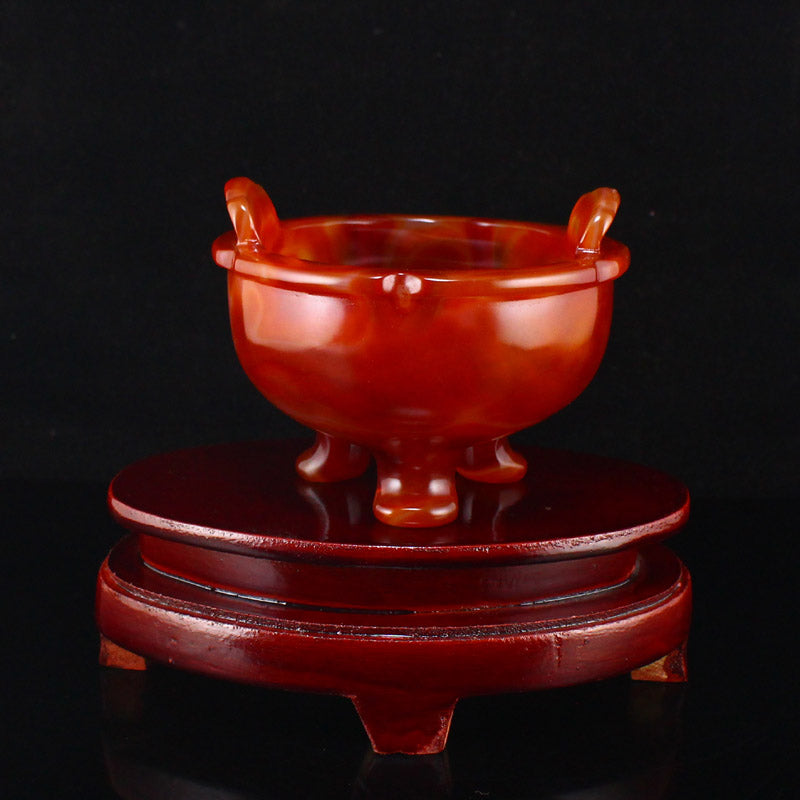 Beautiful Red Agate Double Ears 3 Legs Incense Burner w Certificate