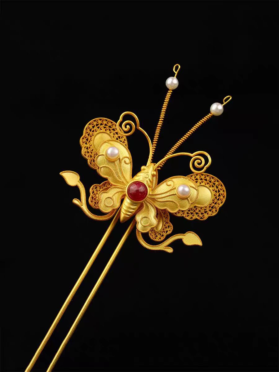 Beautiful Gilt Gold Inlay Pearl & Gem Butterfly Hairpin