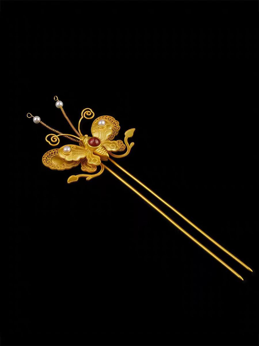 Beautiful Gilt Gold Inlay Pearl & Gem Butterfly Hairpin