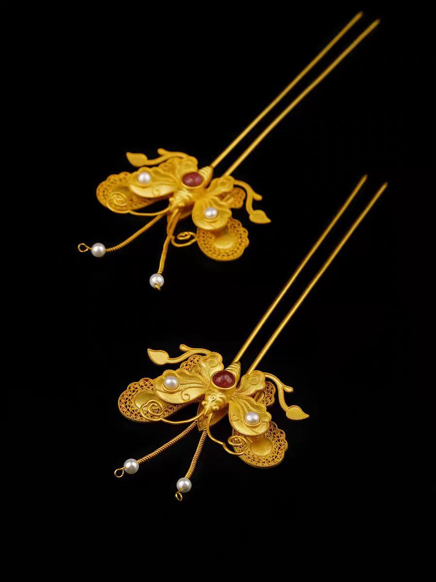 Beautiful Gilt Gold Inlay Pearl & Gem Butterfly Hairpin