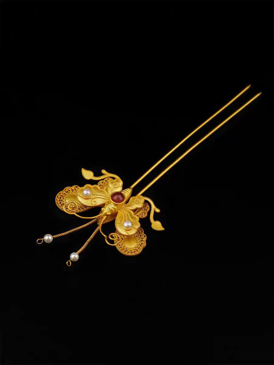 Beautiful Gilt Gold Inlay Pearl & Gem Butterfly Hairpin