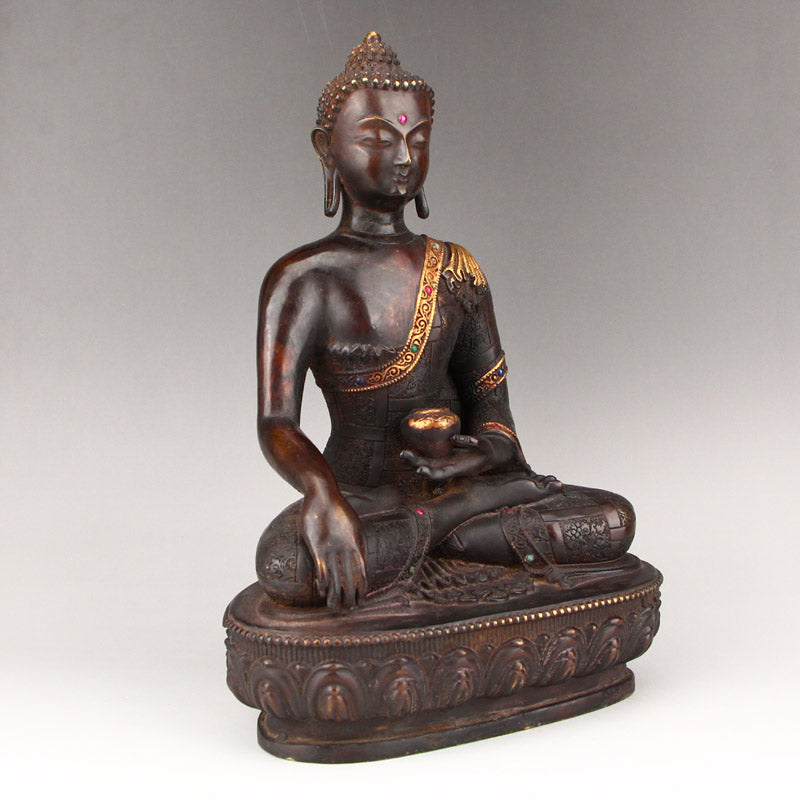 Old Chinese Gilt Gold Bronze Inlay Gem Buddha Statue