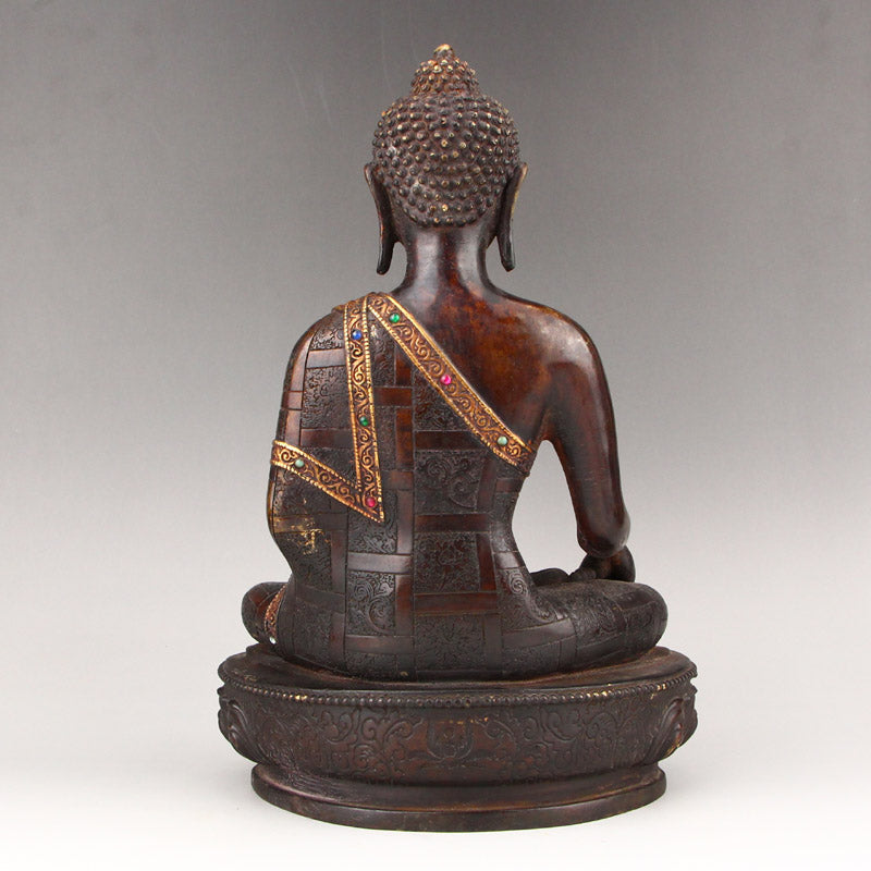 Old Chinese Gilt Gold Bronze Inlay Gem Buddha Statue