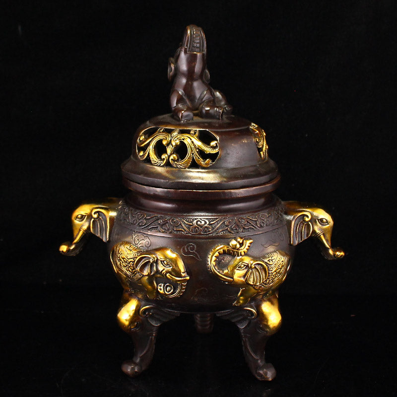 Vintage Gilt Gold Copper Elephant Double Ears 3 Legs Incense Burner