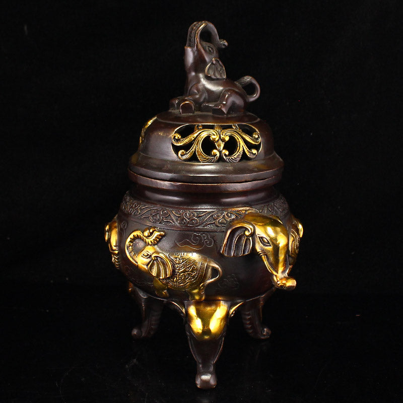 Vintage Gilt Gold Copper Elephant Double Ears 3 Legs Incense Burner