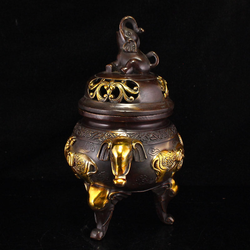 Vintage Gilt Gold Copper Elephant Double Ears 3 Legs Incense Burner