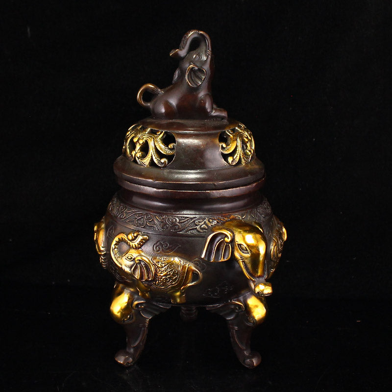 Vintage Gilt Gold Copper Elephant Double Ears 3 Legs Incense Burner