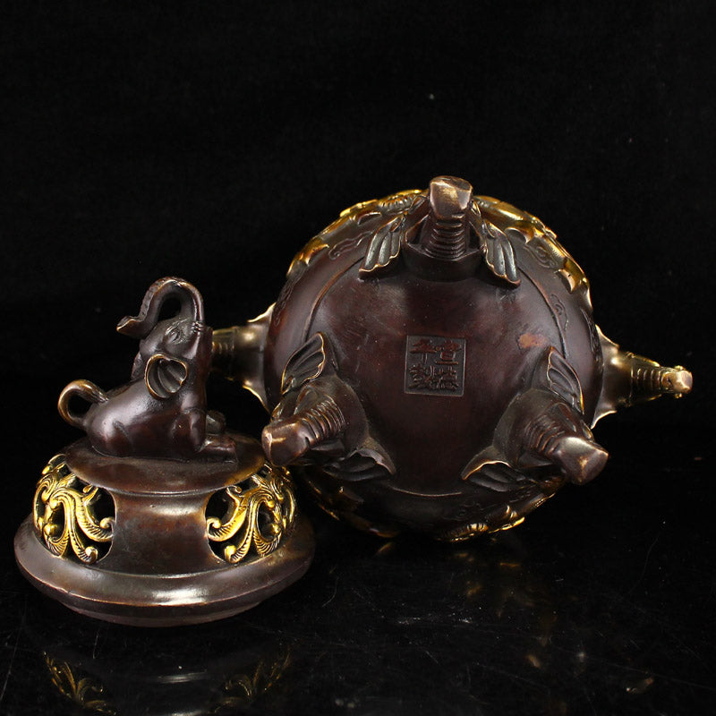 Vintage Gilt Gold Copper Elephant Double Ears 3 Legs Incense Burner