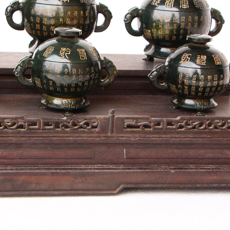 A Set Eight Deep Green Hetian Jade Poetic Prose Double Ears 3 Legs Incense Burner