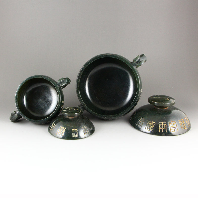 A Set Eight Deep Green Hetian Jade Poetic Prose Double Ears 3 Legs Incense Burner