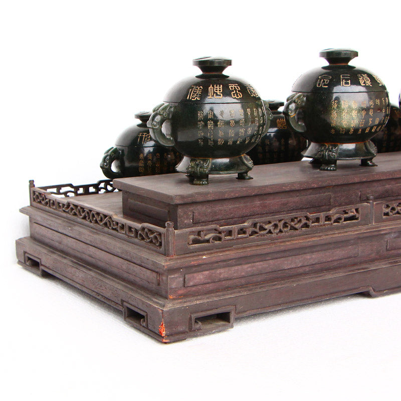 A Set Eight Deep Green Hetian Jade Poetic Prose Double Ears 3 Legs Incense Burner