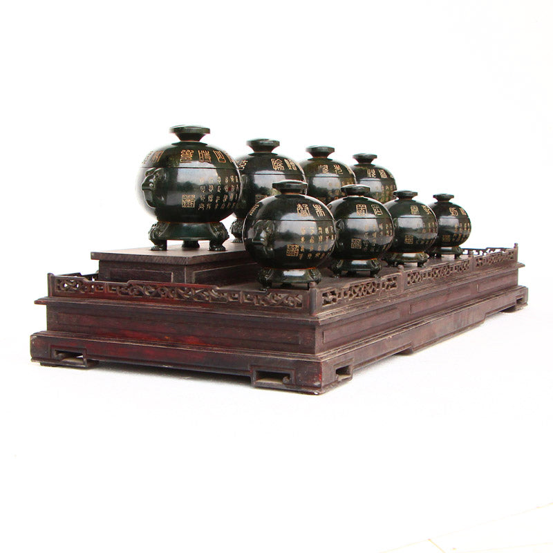 A Set Eight Deep Green Hetian Jade Poetic Prose Double Ears 3 Legs Incense Burner