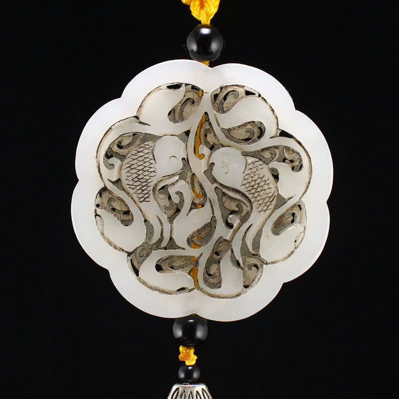 Openwork Chinese Hetian Jade Double Fish Pendant w Certificate