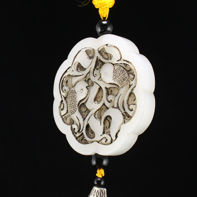 Openwork Chinese Hetian Jade Double Fish Pendant w Certificate