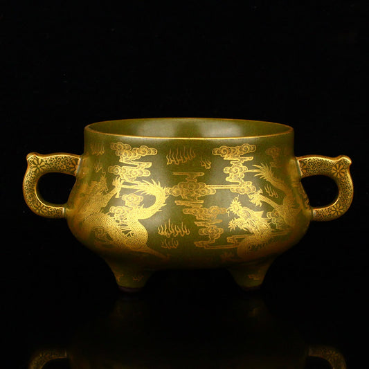 Chinese Gilt Gold Tea Dust Glaze Fortune Dragon Design Double Ears Porcelain Incense Burner